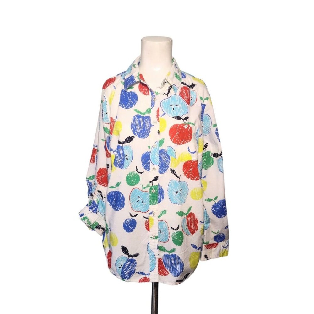 Talbots Apple Print Shirt Size XS Petite Roll Tab Sleeves Colorful Artsy Button